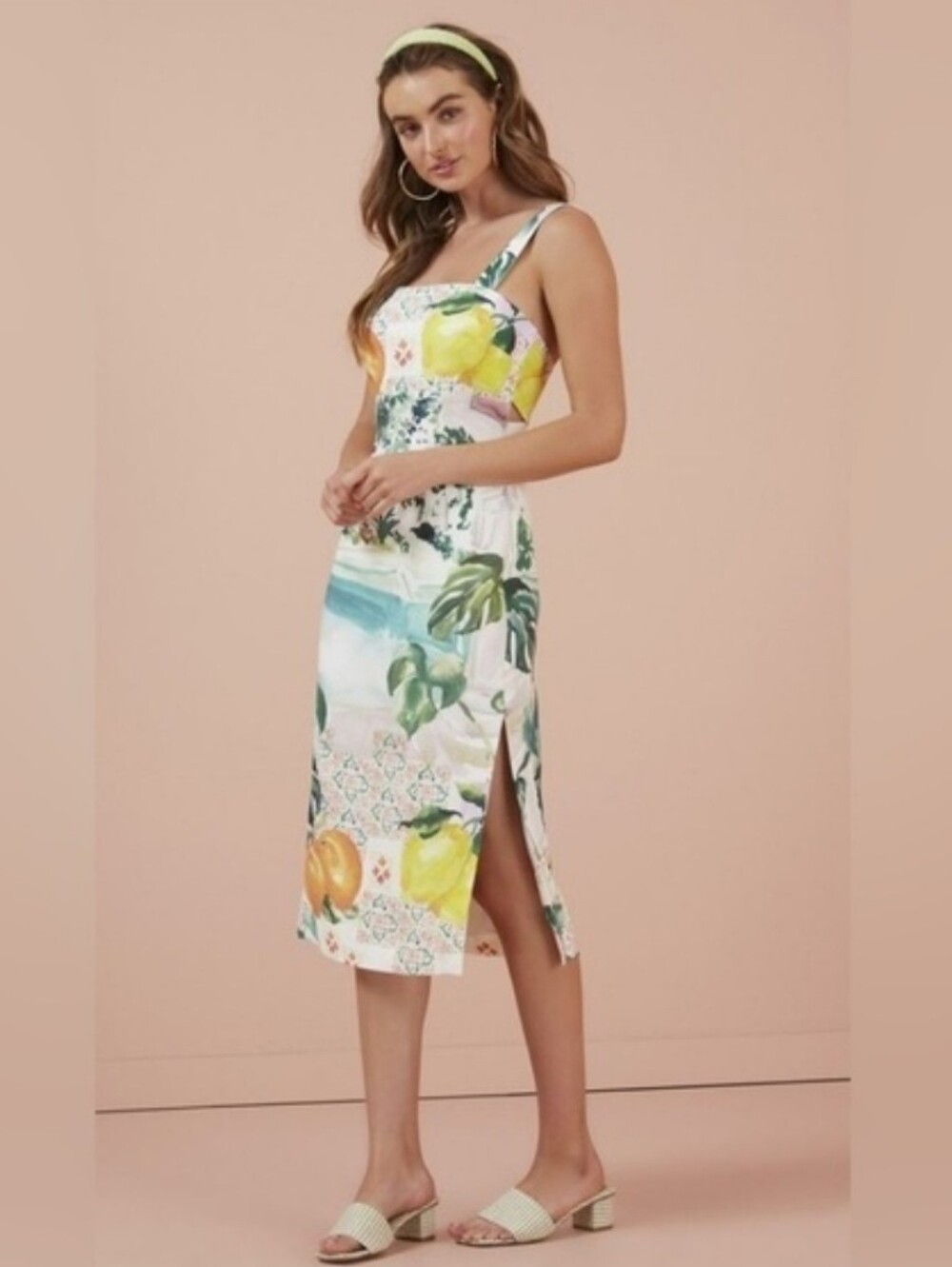 Finders Keepers Tropical Fruit Print Cutout Midi Dress Size S US 4